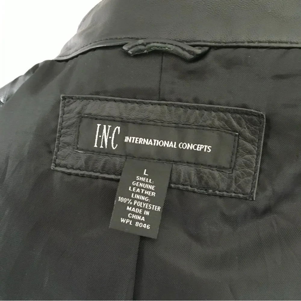 INC Black 100% Genuine Leather Center Zipper Motorcycle Jacket L